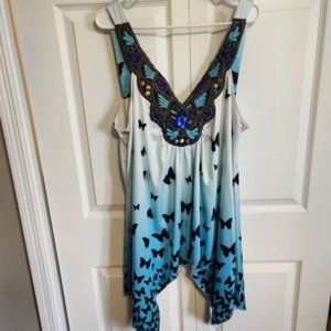Bi Fang 5XL butterfly top applique Teal Blue Sleeveless Embroidered Plus ombre